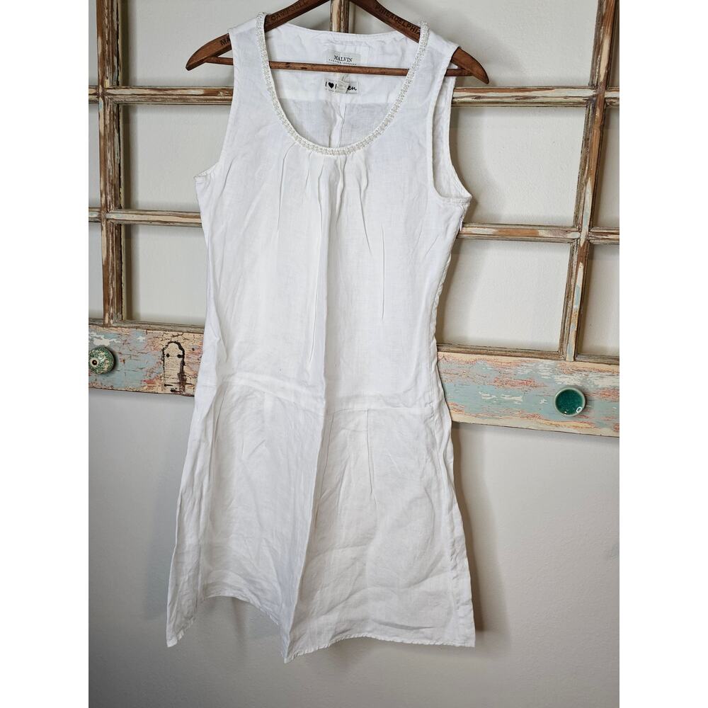 Linen Dress White Drop Waist Pearl Accents by Malvin Germany Ladies size Small - Picture 2 of 11
